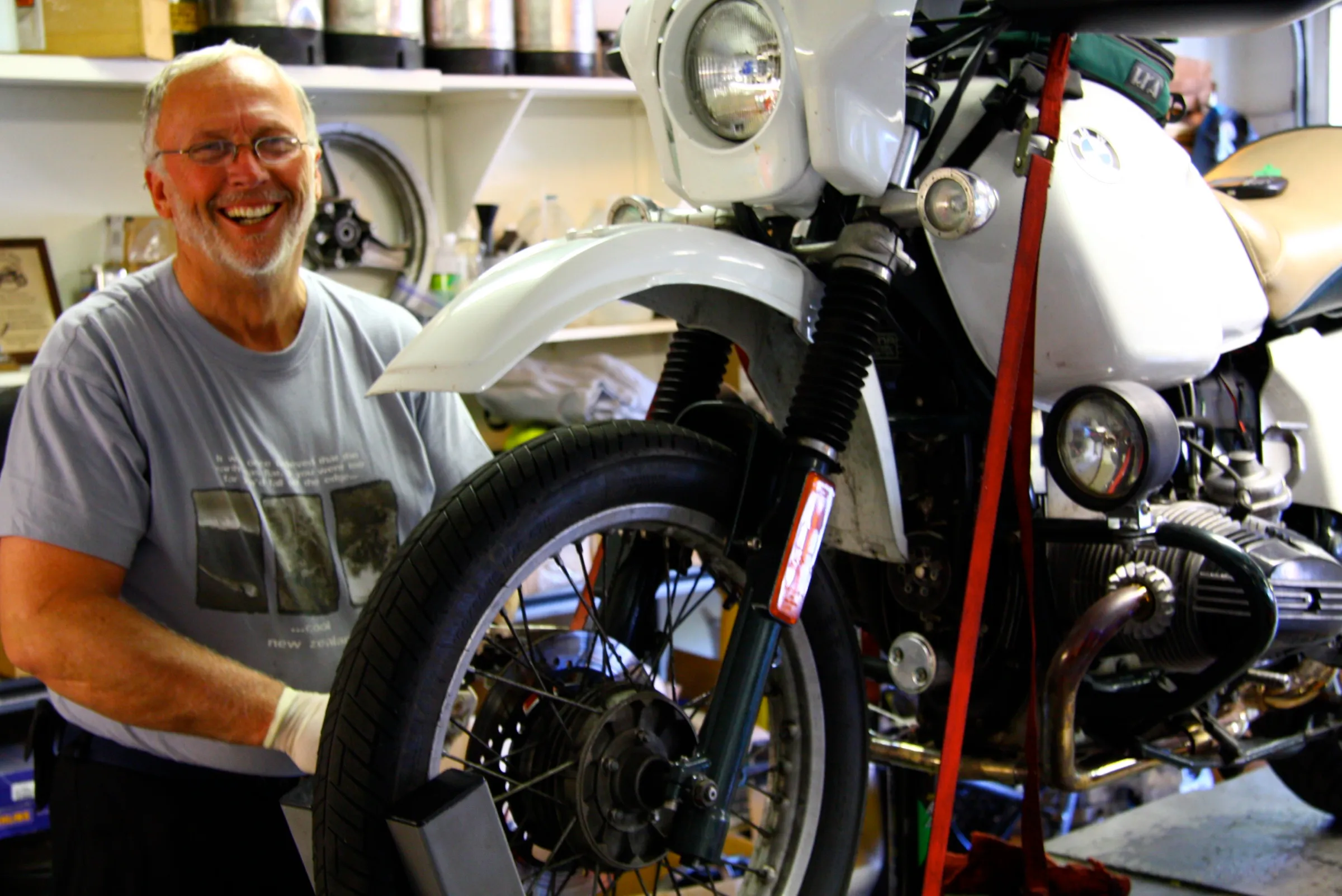 I walked into the garage and there was Greg Hutchinson rebuilding the front calipers on his GS